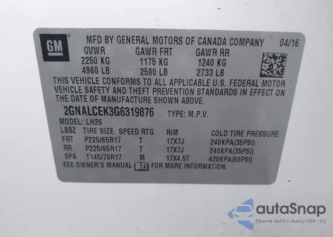 2016 Chevrolet Equinox Lt z USA, uszkodzony, nr VIN 2GNALCEK3G6319876